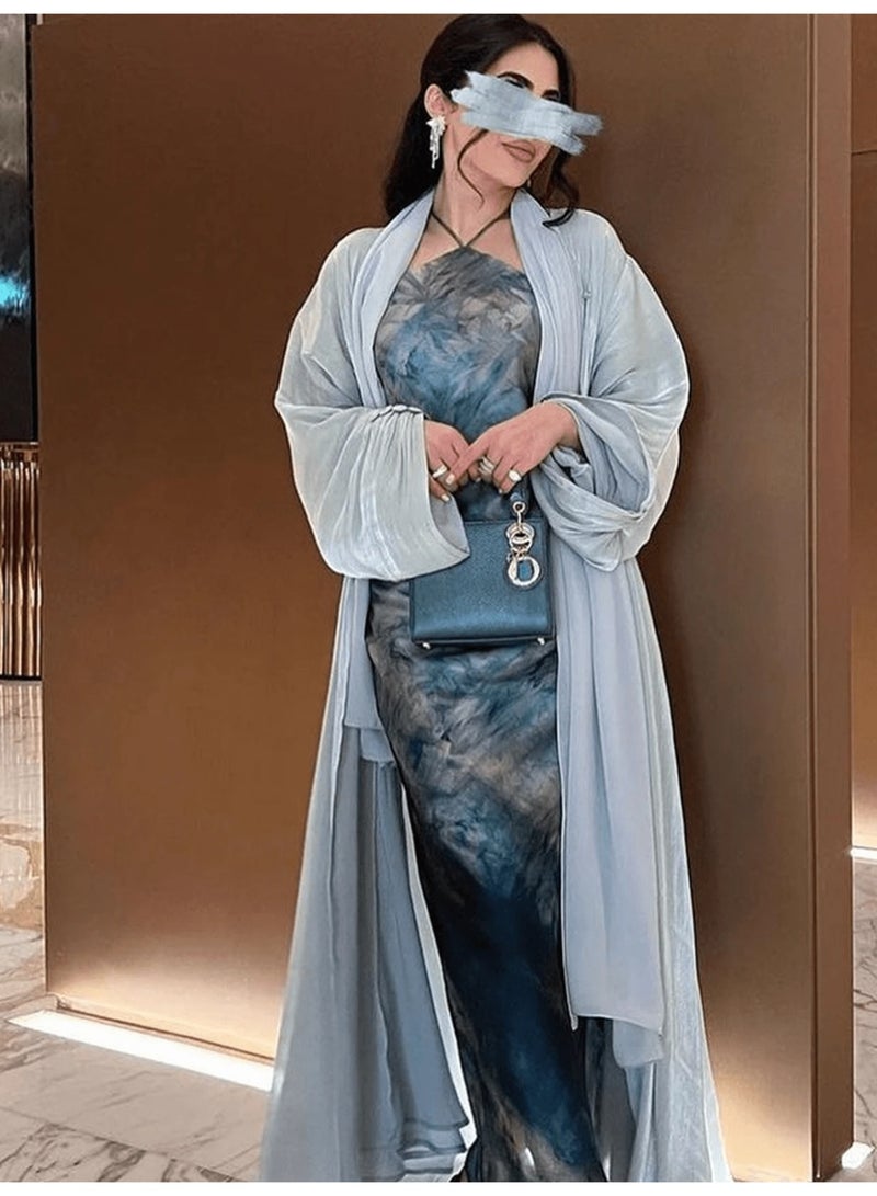 KHAJUL Women's Open Front Abaya, Shiny Lurex Fabric Long Modest Robe, Flowy Solid Color Full Length Dress, for Ramadan, Eid Al-Adha, Party Fits Height 165-170 CM, Green - Image 5